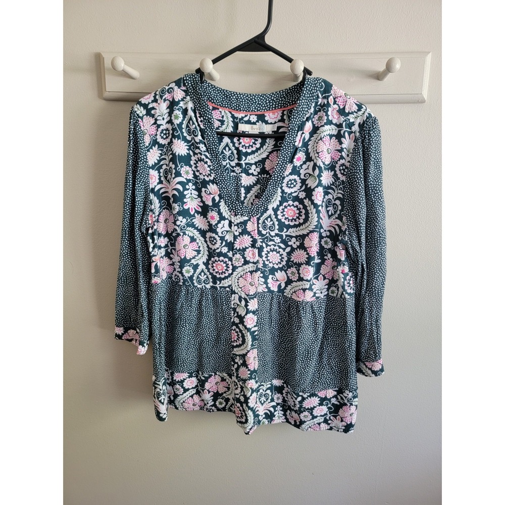 Boden Women's Green Floral Viscose US 14 Blouse V Neck 3/4 Sleeve Tunic Work